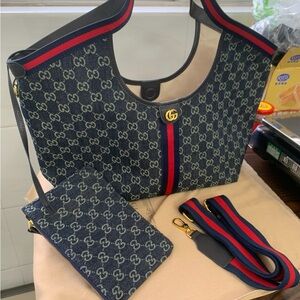 Fashion Large Blue Denim Mono And Black Leather Lining Signature Tote Bag